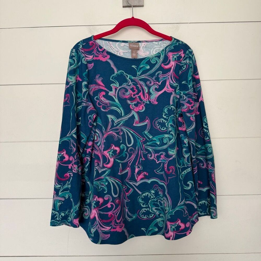 Chico’s Women’s 1 Blue Green Pink 3/4 Cotton Shirt